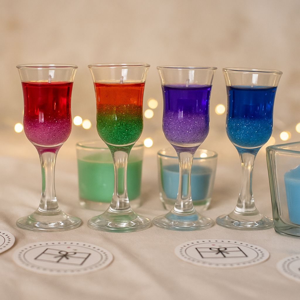 Handcrafted Color Layered Gel Candles – Set of 4 in Wine Glasses