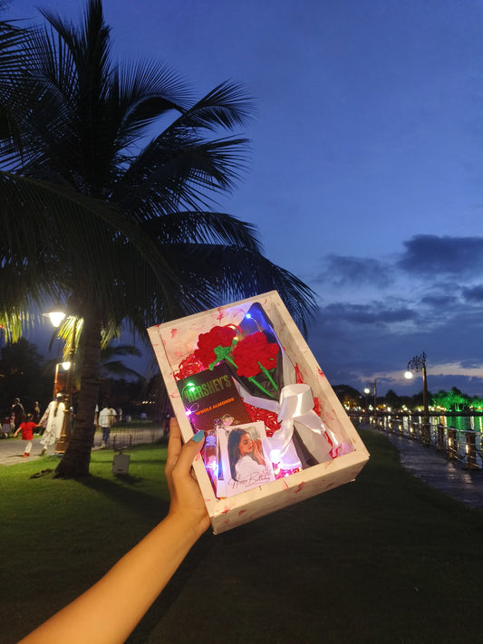 Premium Gift Hamper with Rose, Chocolate, Polaroid & Keyring – Personalized Gift Box for Birthday & Anniversary