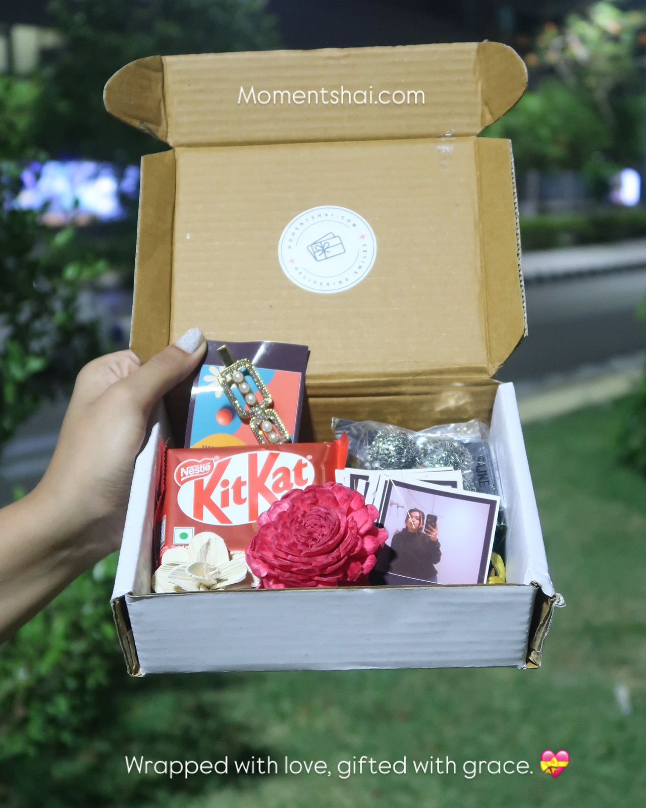 Sweet Moments Gift Hamper for Her – Jhumka, Polaroid, KitKat & More