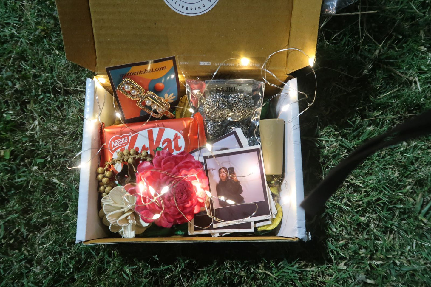 Sweet Moments Gift Hamper for Her – Jhumka, Polaroid, KitKat & More